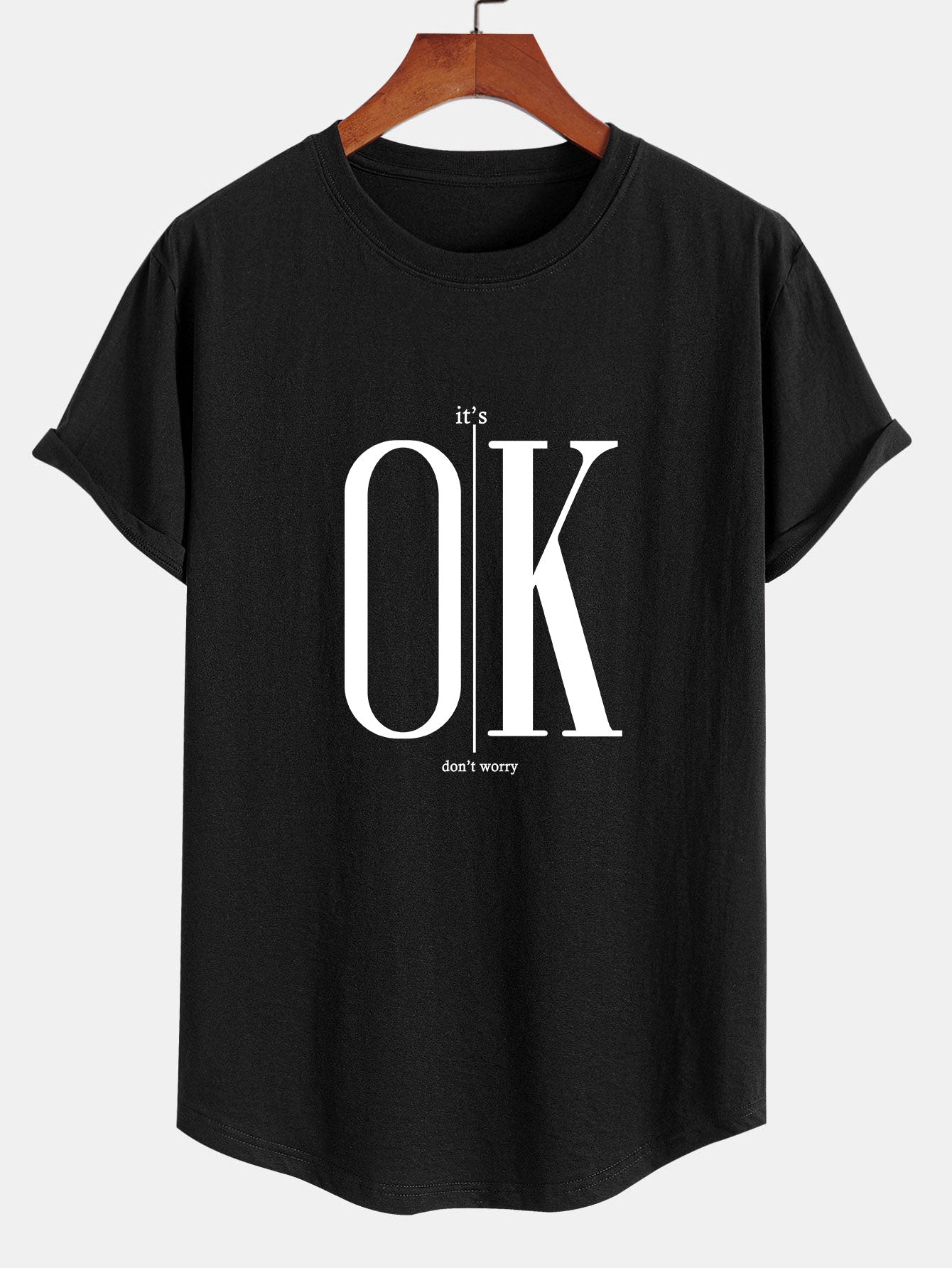 OK Slogan Print Cotton Arc Hem T-Shirt