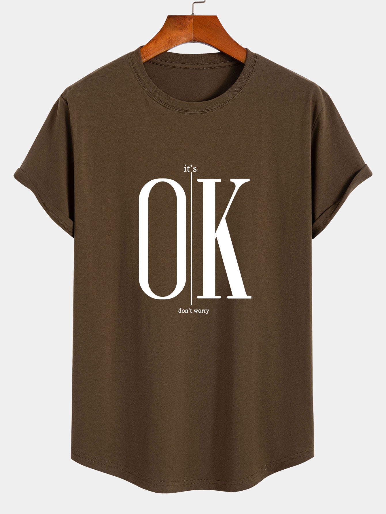 OK Slogan Print Cotton Arc Hem T-Shirt