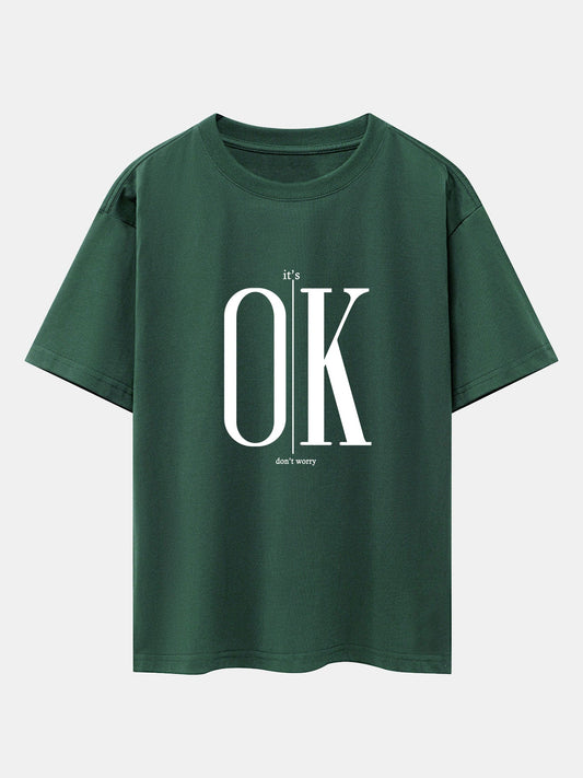 OK Slogan Print Drop Shoulder Oversize T-Shirt