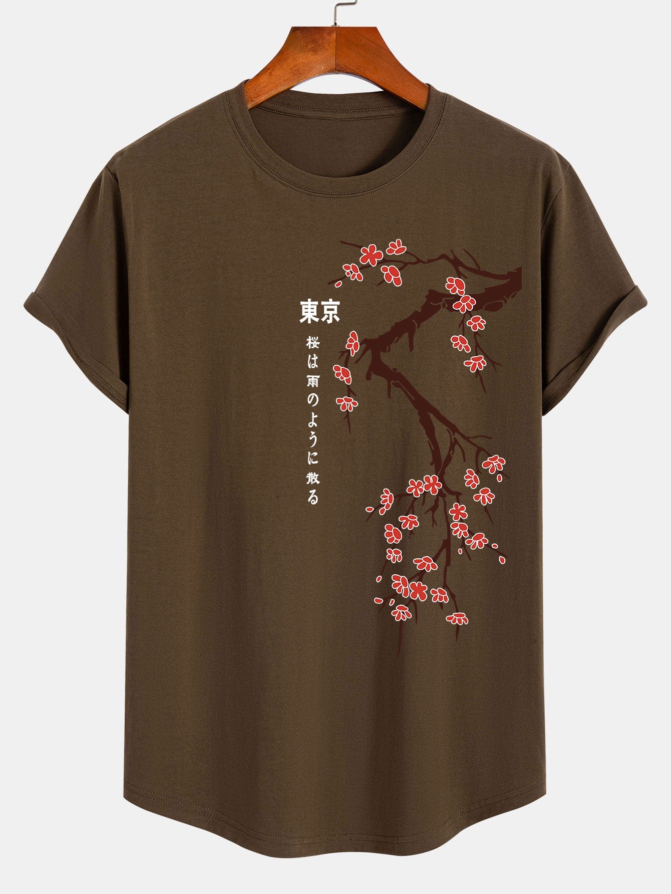 Tokyo Japanese Cherry Blossoms Print Cotton Arc Hem T-Shirt