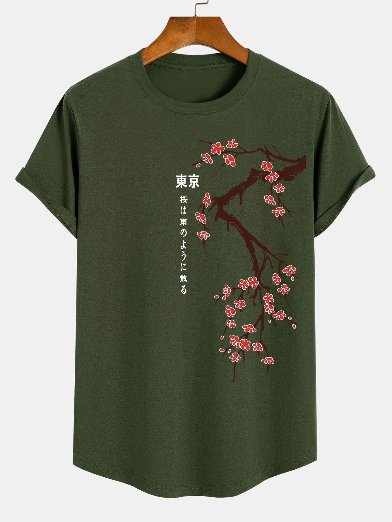 Tokyo Japanese Cherry Blossoms Print Cotton Arc Hem T-Shirt