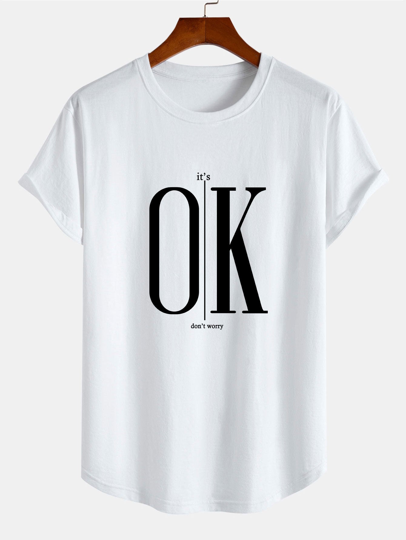 OK Slogan Print Cotton Arc Hem T-Shirt