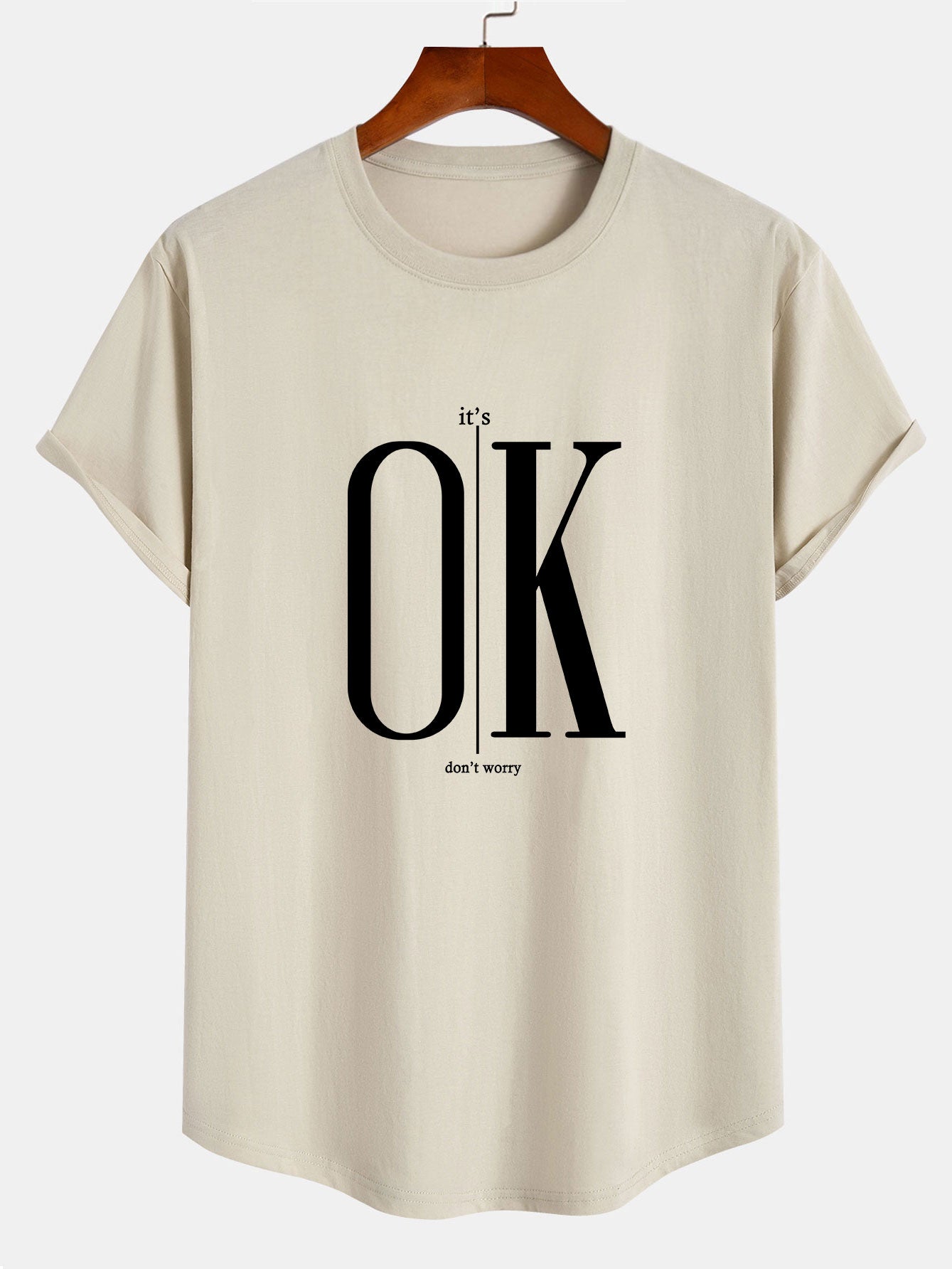 OK Slogan Print Cotton Arc Hem T-Shirt