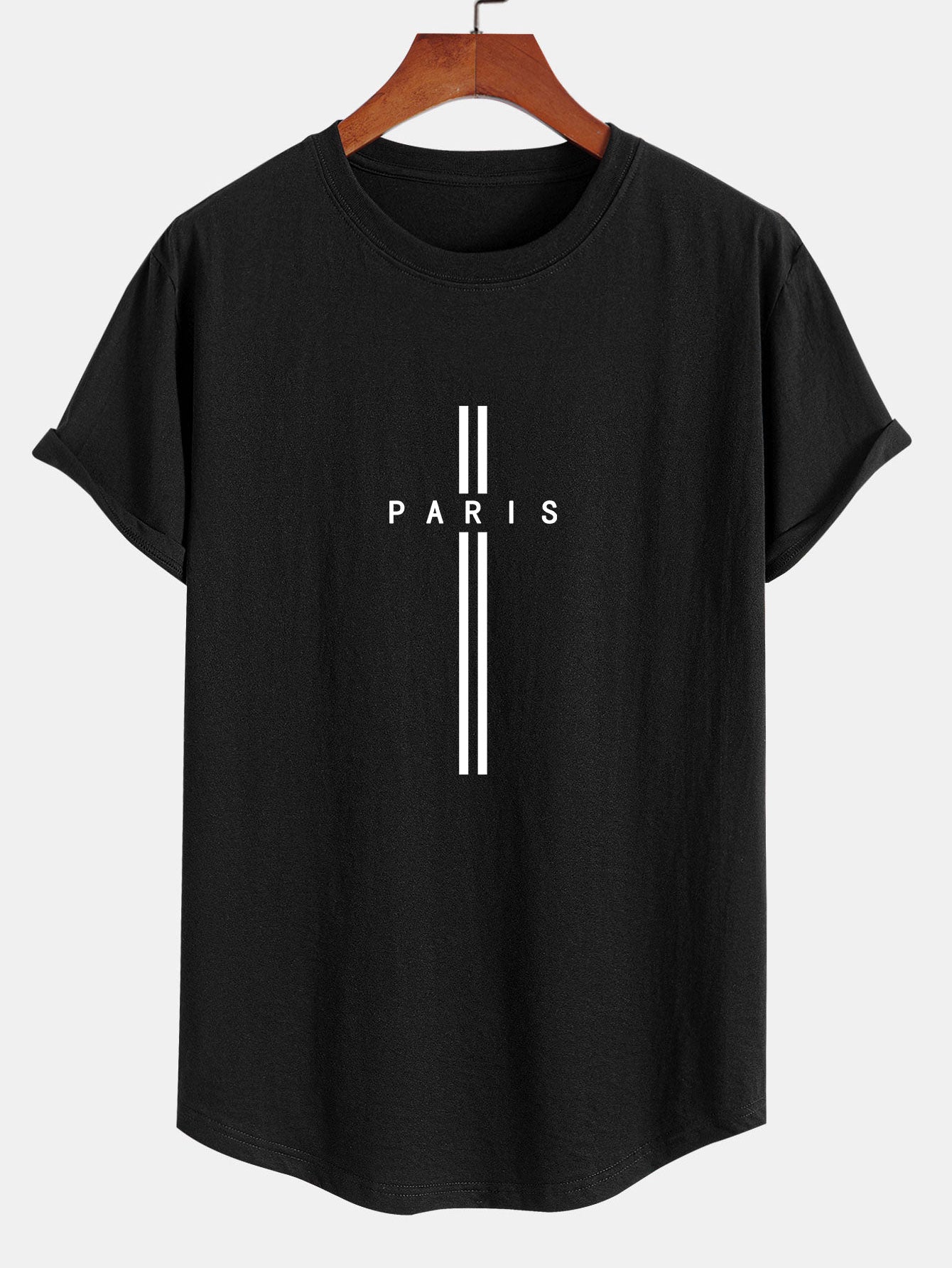 Paris Stripe Print Cotton Arc Hem T-Shirt