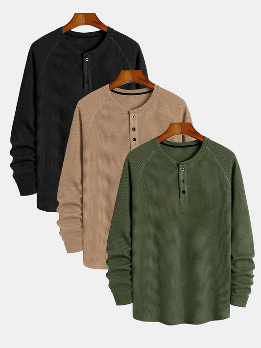 3 Pieces Long Sleeve Arc Hem Waffle Henley Shirt