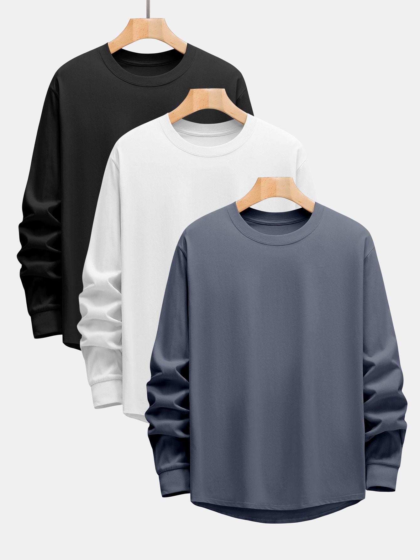 3 Pieces Basic Long Sleeve Heavy Weight Arc Hem T-Shirts