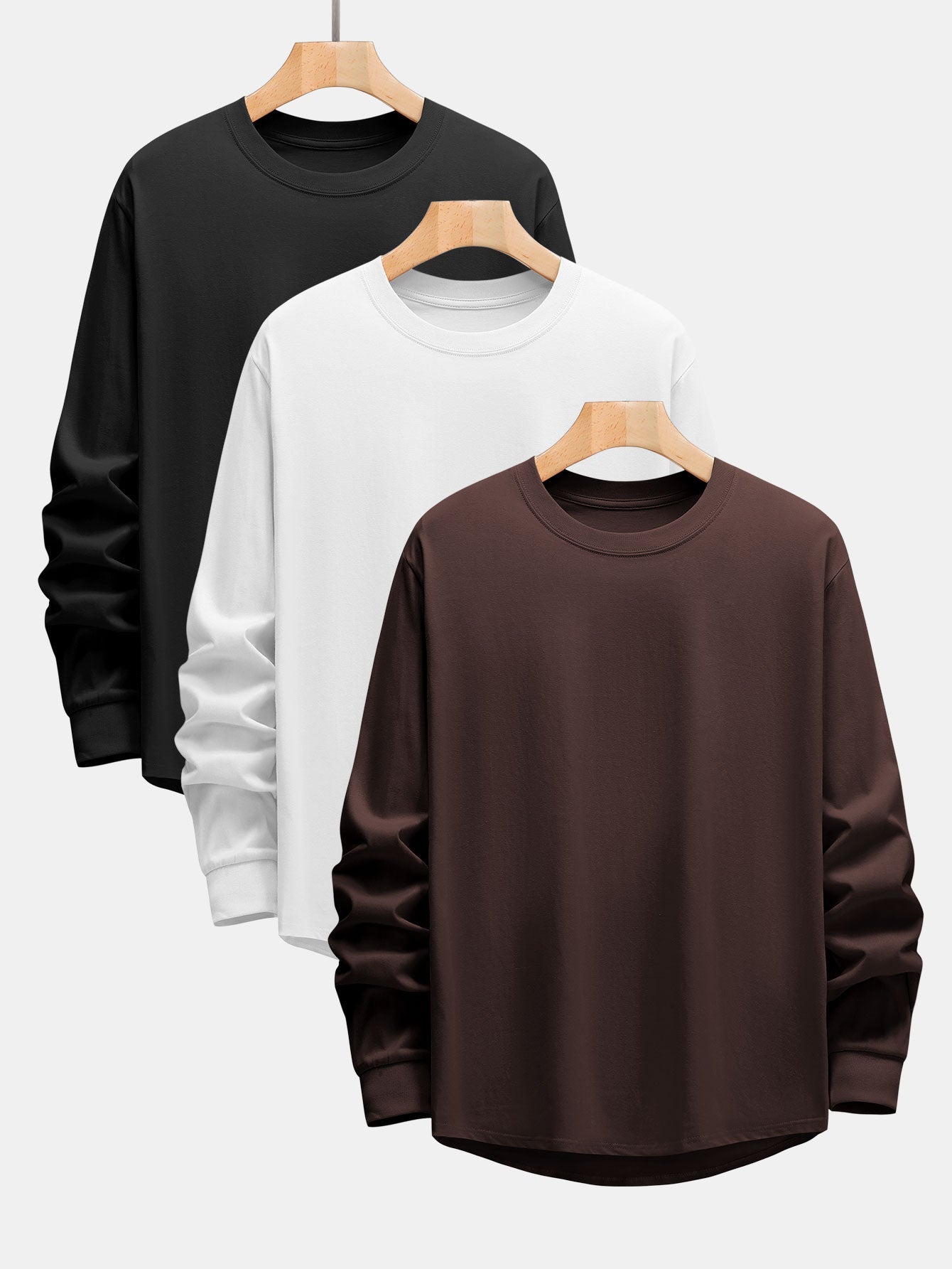 3 Pieces Basic Long Sleeve Heavy Weight Arc Hem T-Shirts