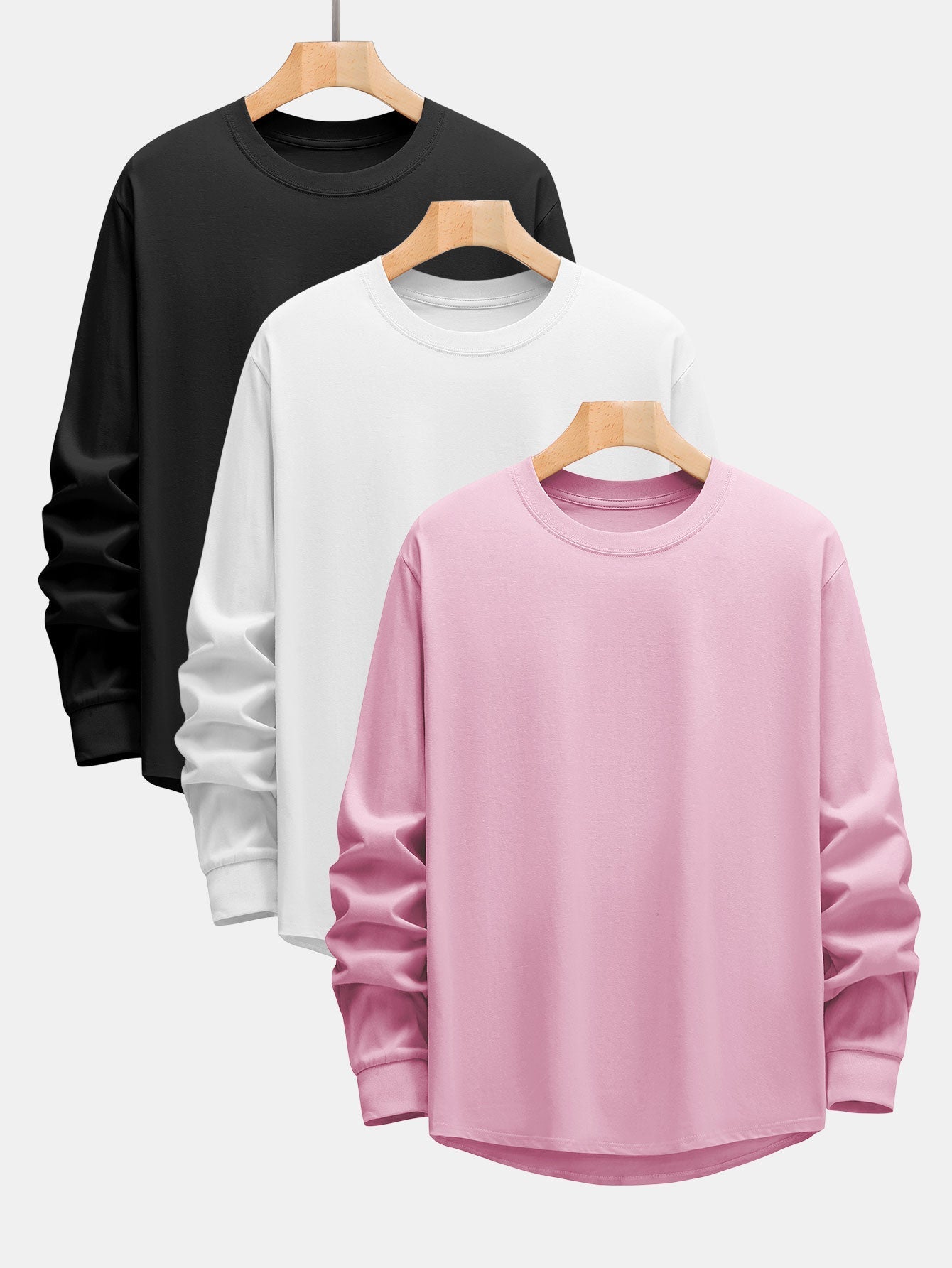 3 Pieces Basic Long Sleeve Heavy Weight Arc Hem T-Shirts