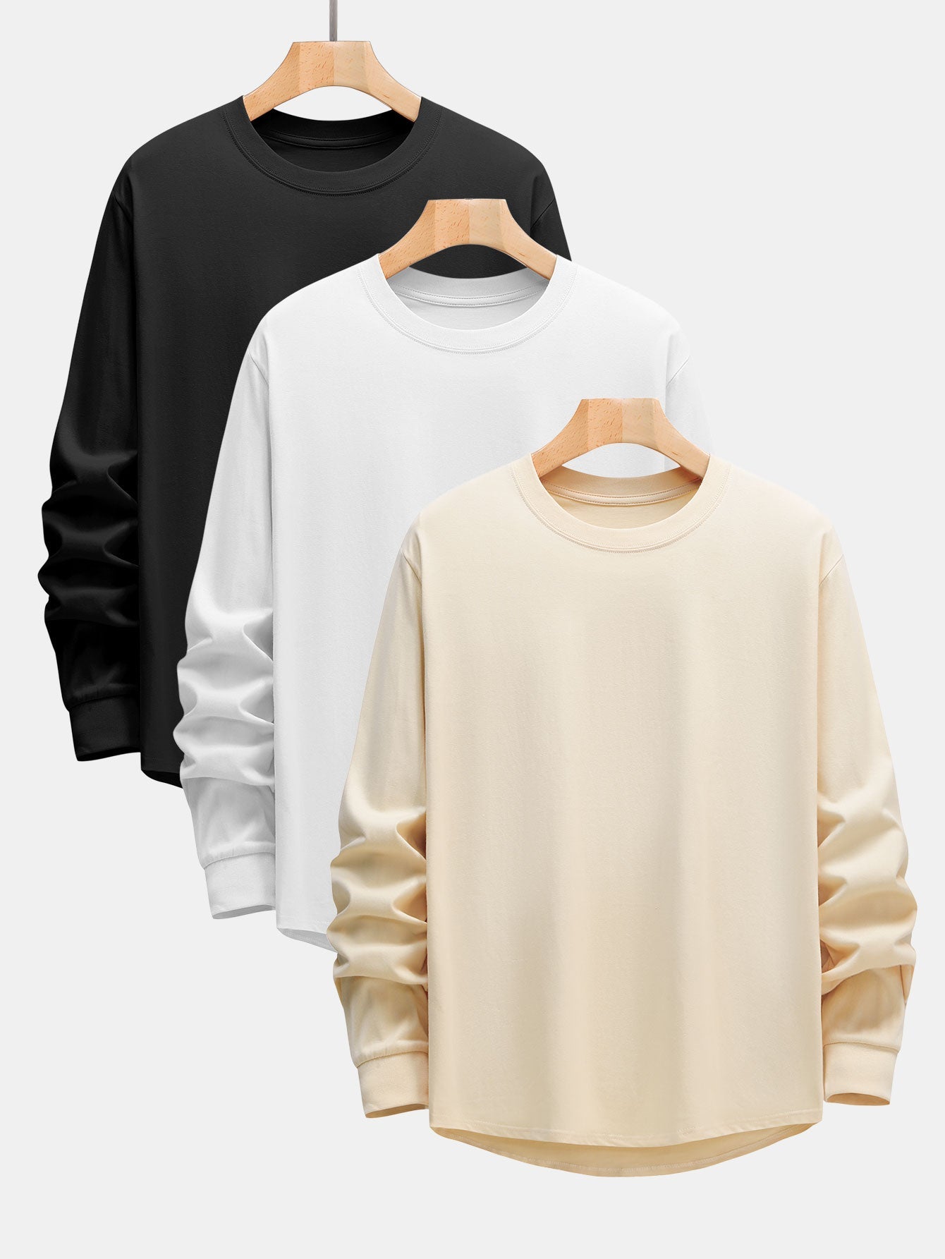 3 Pieces Basic Long Sleeve Heavy Weight Arc Hem T-Shirts