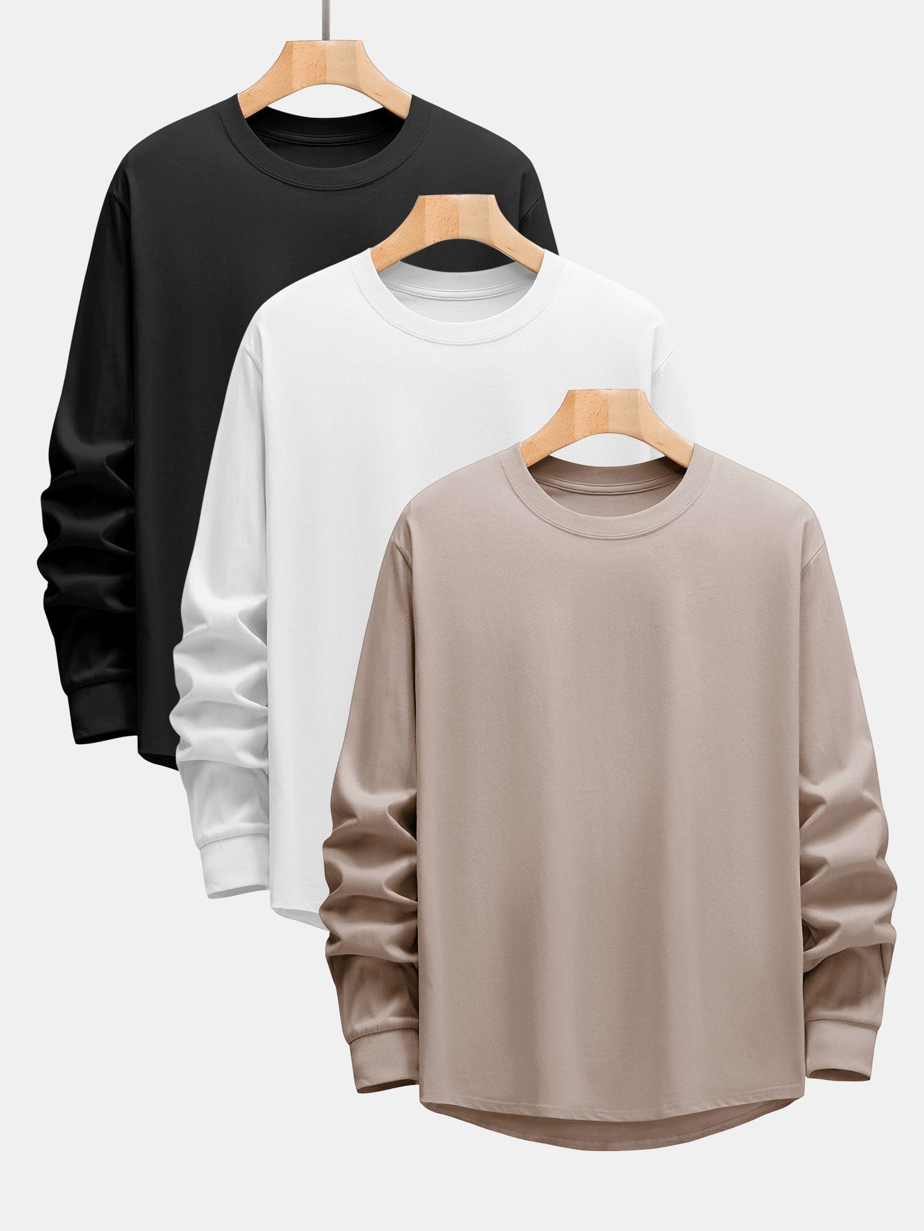 3 Pieces Basic Long Sleeve Heavy Weight Arc Hem T-Shirts