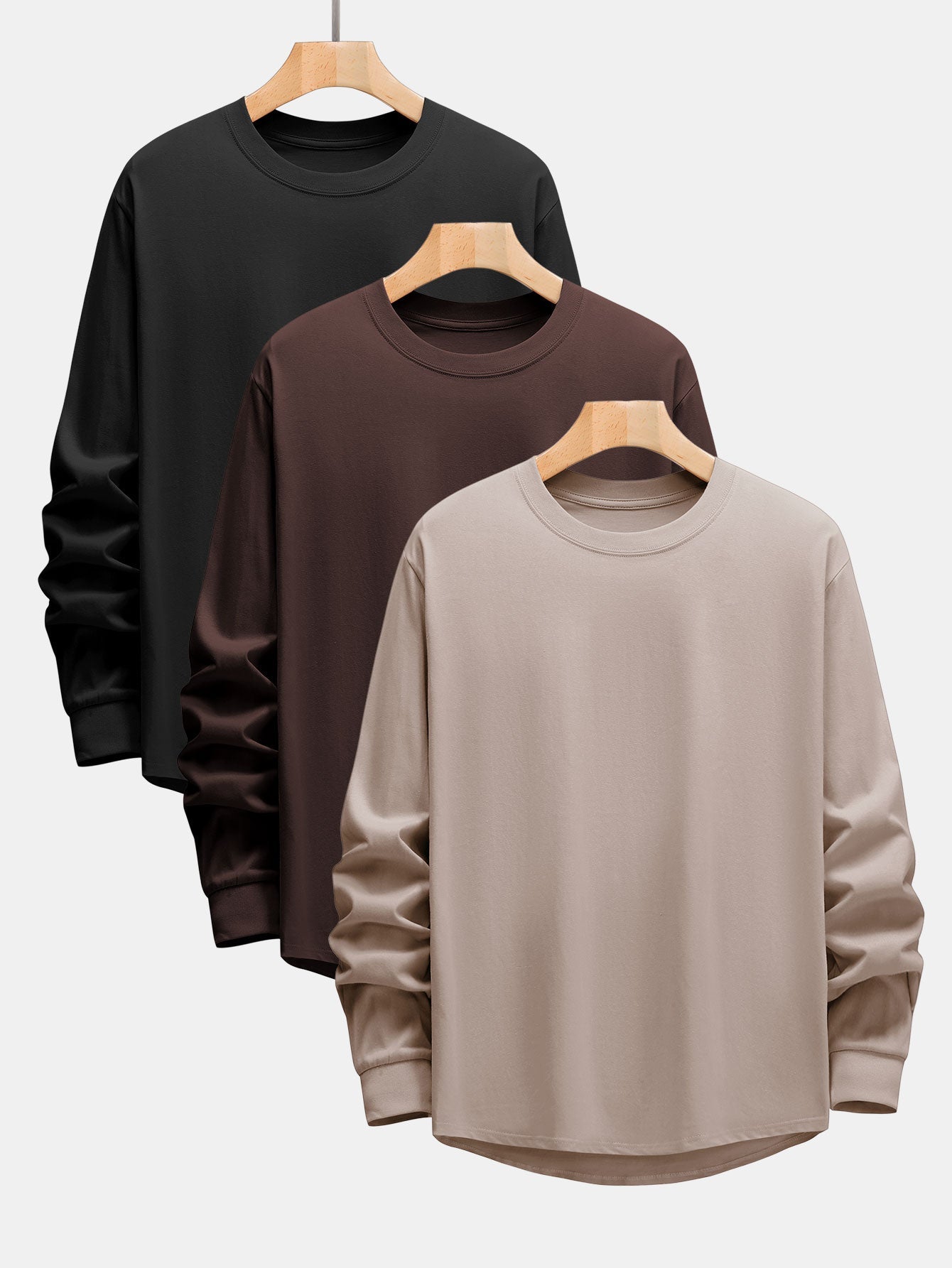 3 Pieces Basic Long Sleeve Heavy Weight Arc Hem T-Shirts