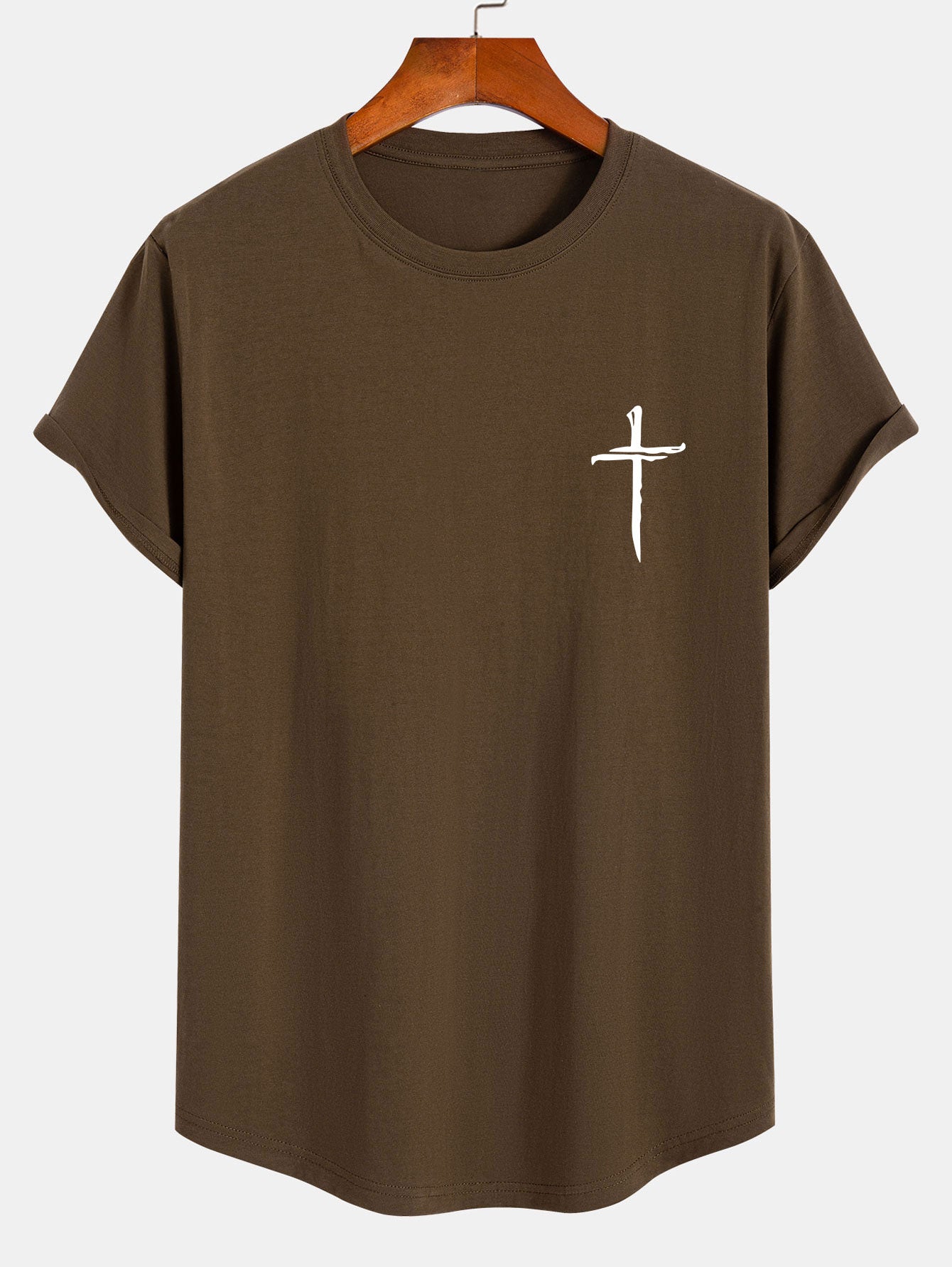 Cross Print Cotton Arc Hem T-Shirt