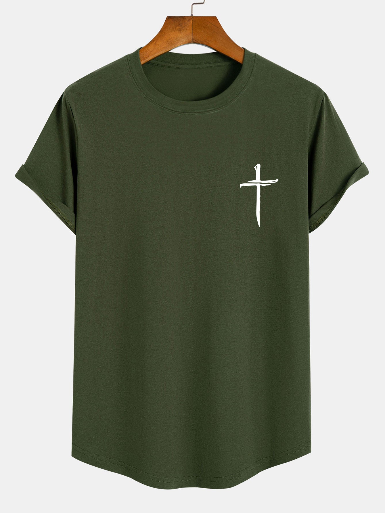 Cross Print Cotton Arc Hem T-Shirt