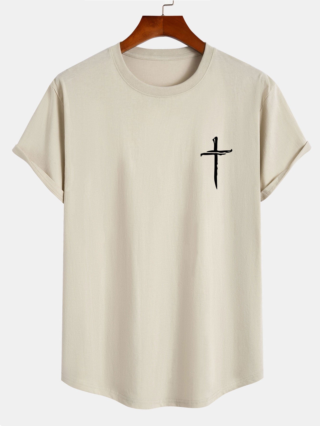 Cross Print Cotton Arc Hem T-Shirt