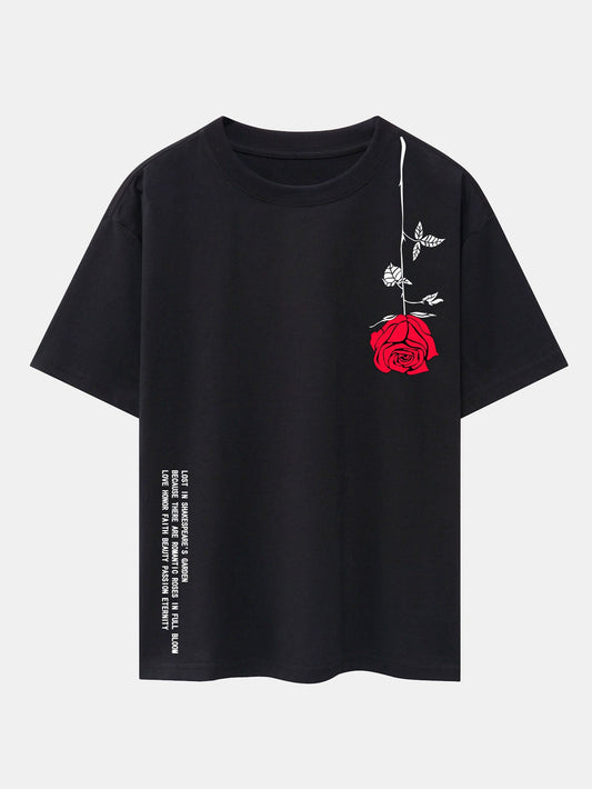 Slogan Rose Print Drop Shoulder Oversize T-Shirt