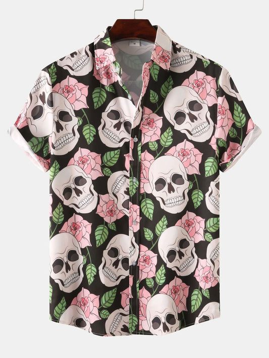 Chemise boutonnée à imprimé tête de mort et rose