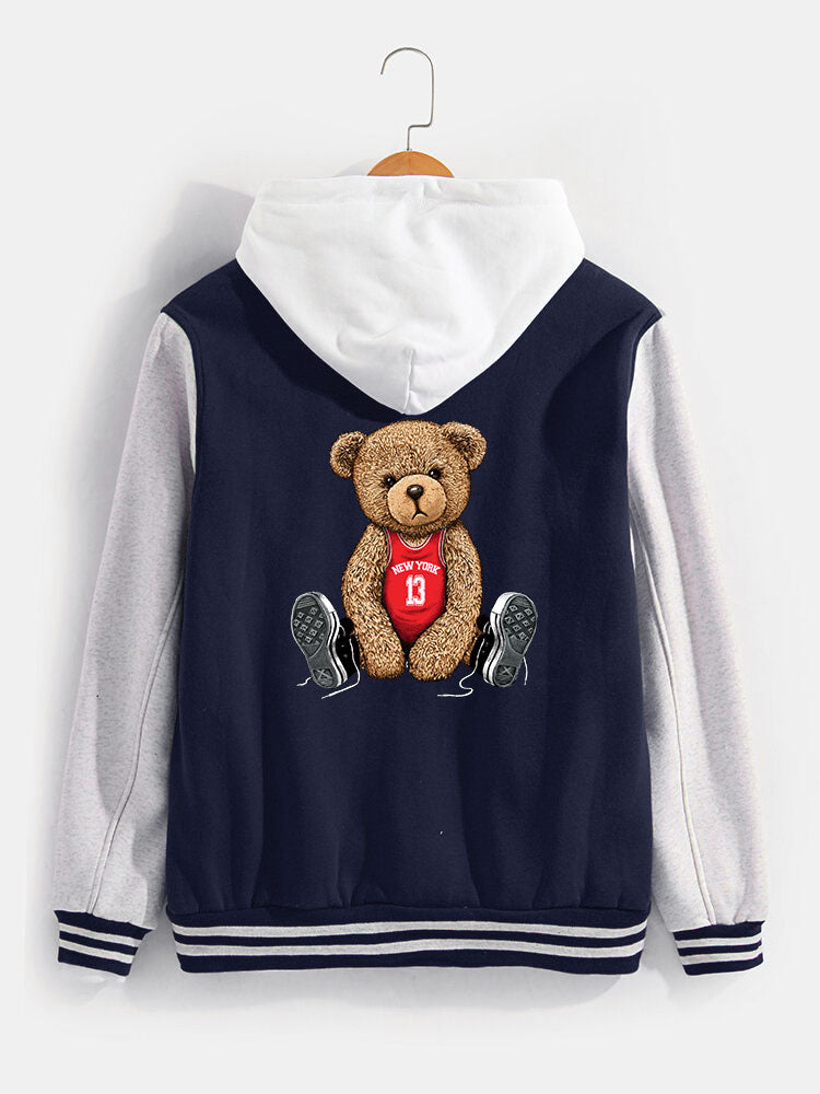 New York Bear Print Baseball Jacket