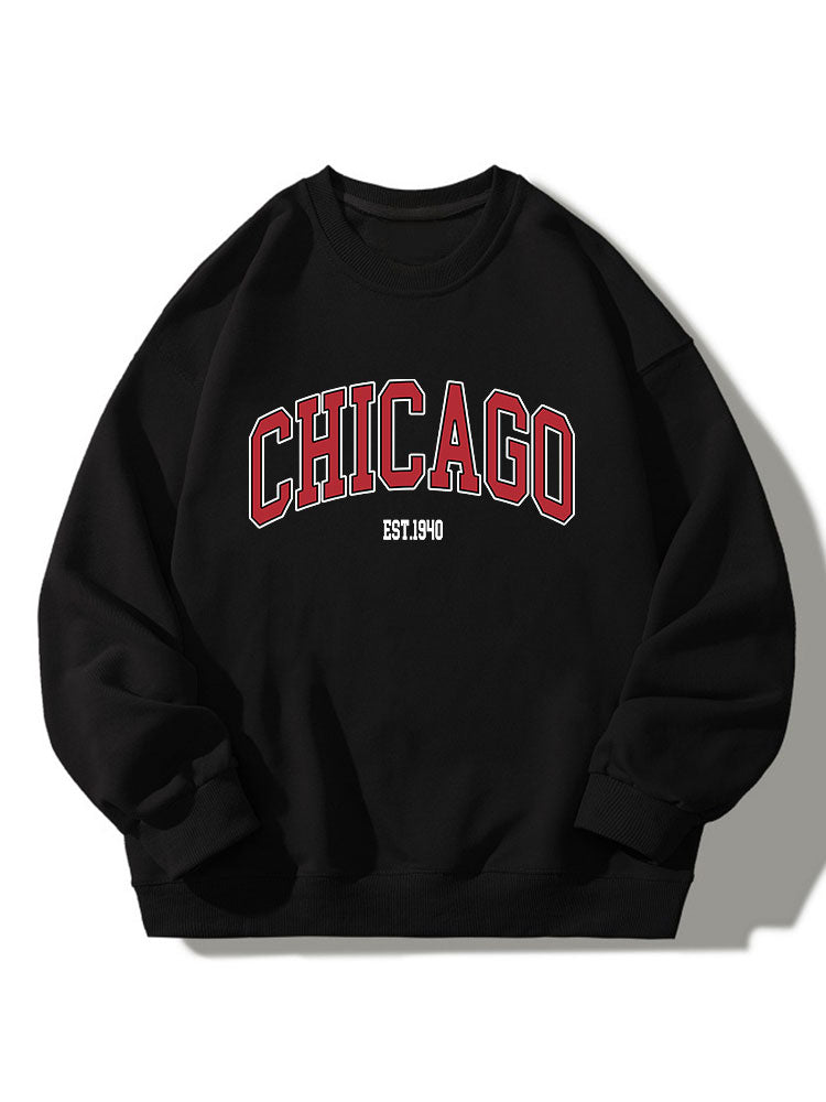 Sweat-shirt décontracté à col ras du cou et imprimé Chicago