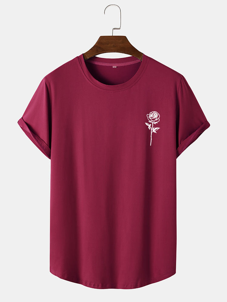 Rose Print Arc Hem T-Shirt