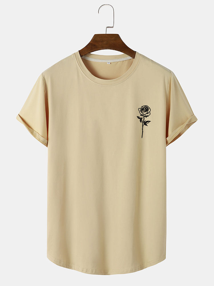 Rose Print Arc Hem T-Shirt