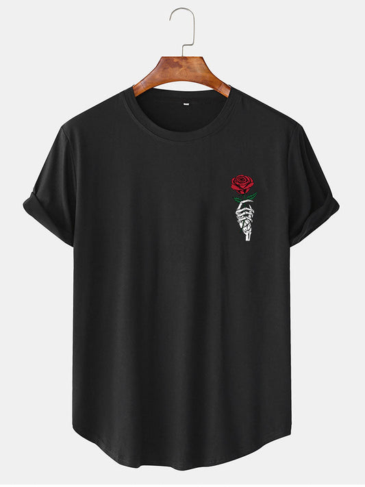 Rose Skull Hand Print Arc Hem T-Shirt