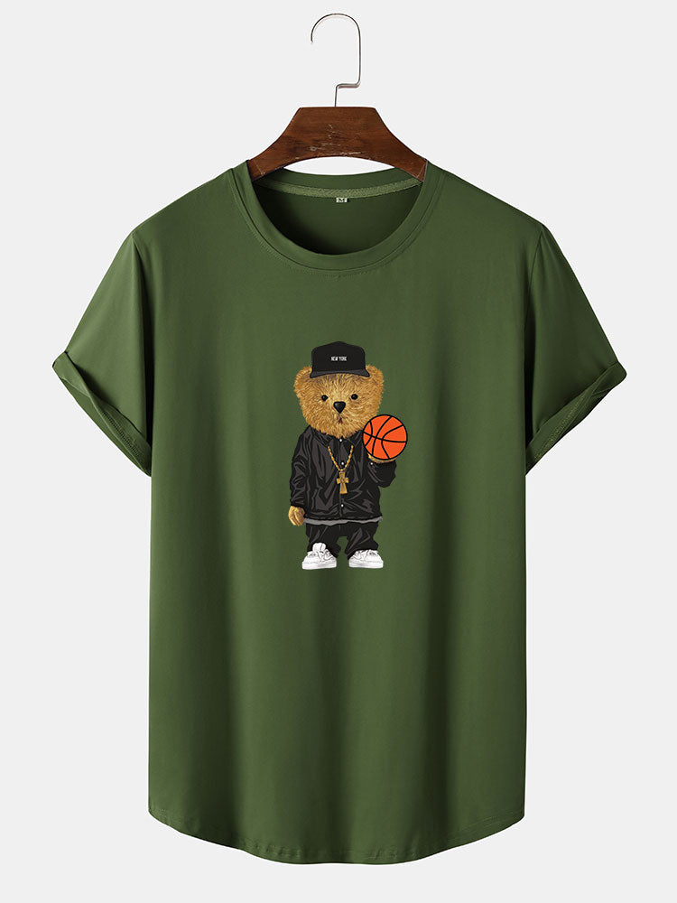 T-shirt à ourlet arrondi et imprimé ours de basket-ball