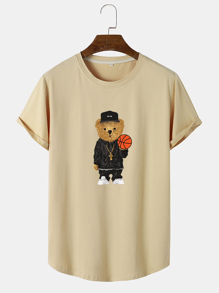 T-shirt à ourlet arrondi et imprimé ours de basket-ball