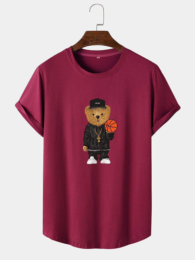 T-shirt à ourlet arrondi et imprimé ours de basket-ball