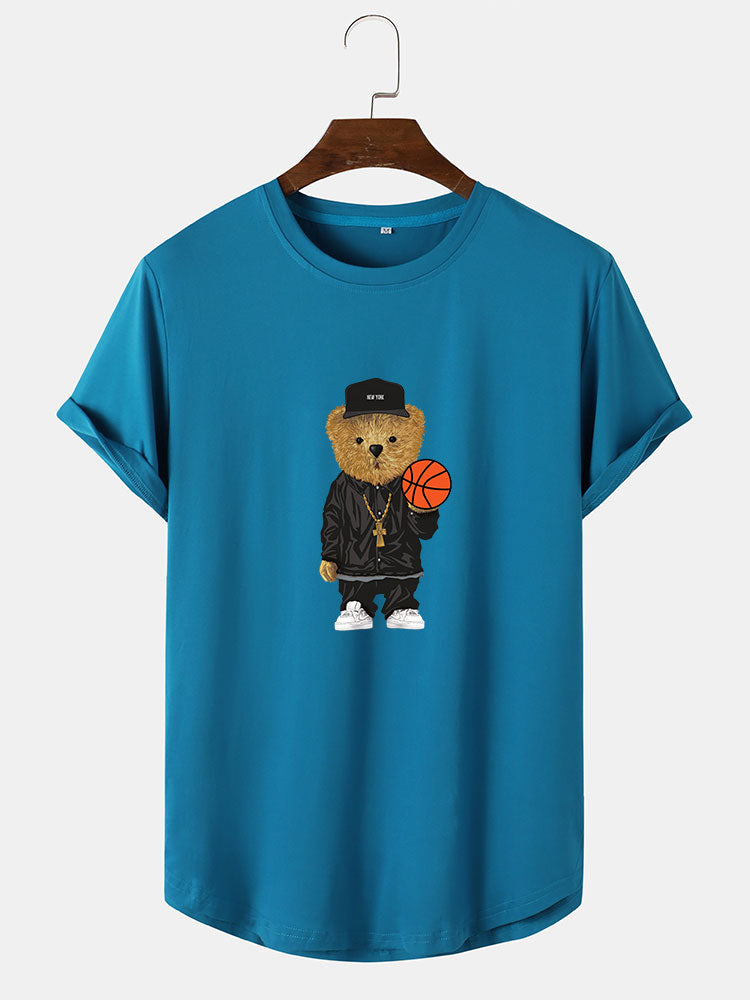 T-shirt à ourlet arrondi et imprimé ours de basket-ball