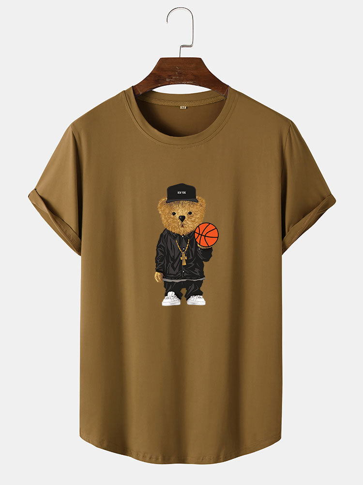 T-shirt à ourlet arrondi et imprimé ours de basket-ball