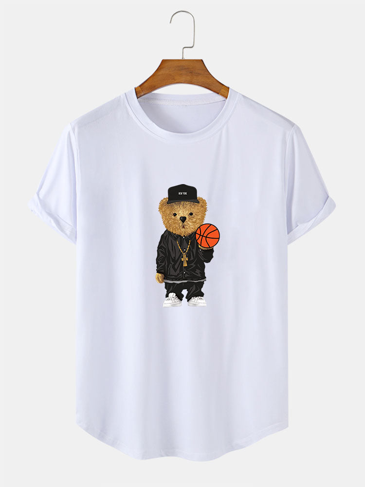 T-shirt à ourlet arrondi et imprimé ours de basket-ball