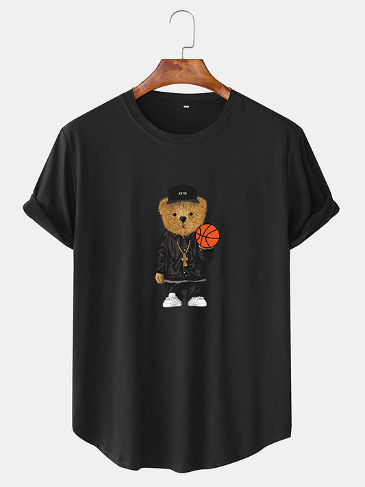 T-shirt à ourlet arrondi et imprimé ours de basket-ball