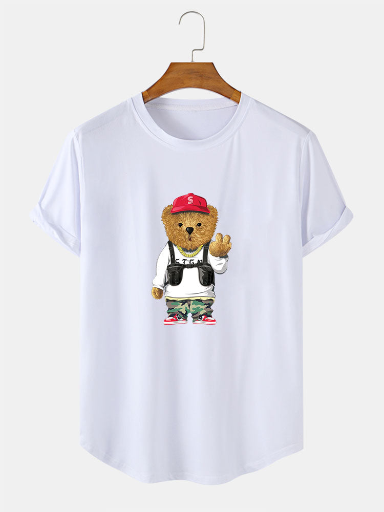 Cartoon Bear Print Arc Hem T-Shirt