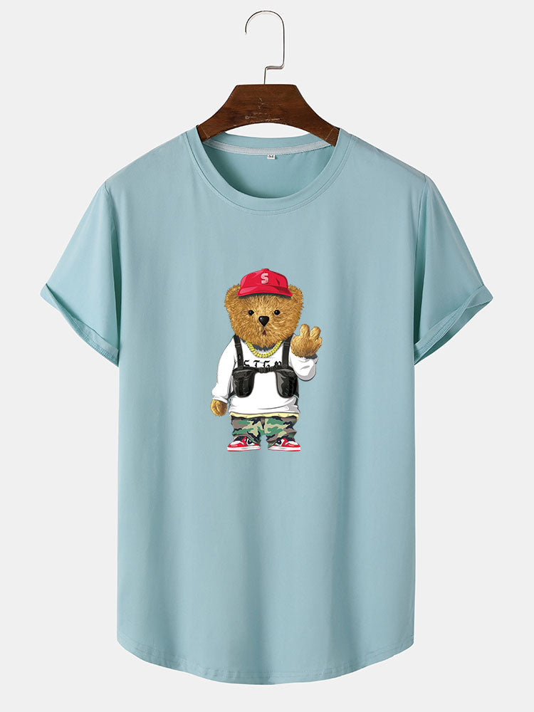 Cartoon Bear Print Arc Hem T-Shirt