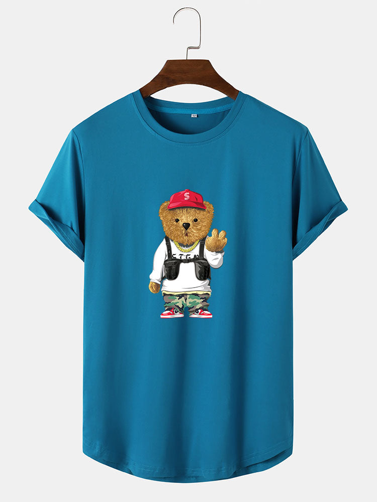 Cartoon Bear Print Arc Hem T-Shirt