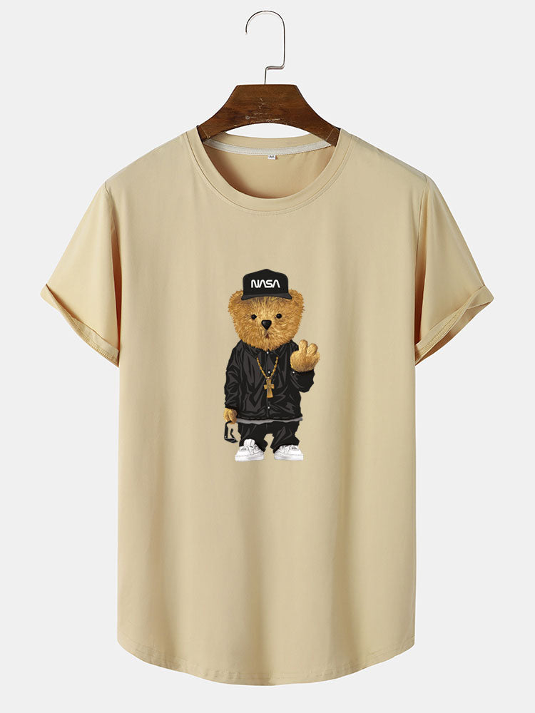 Hip Hop Bear Print Arc Hem T-Shirt