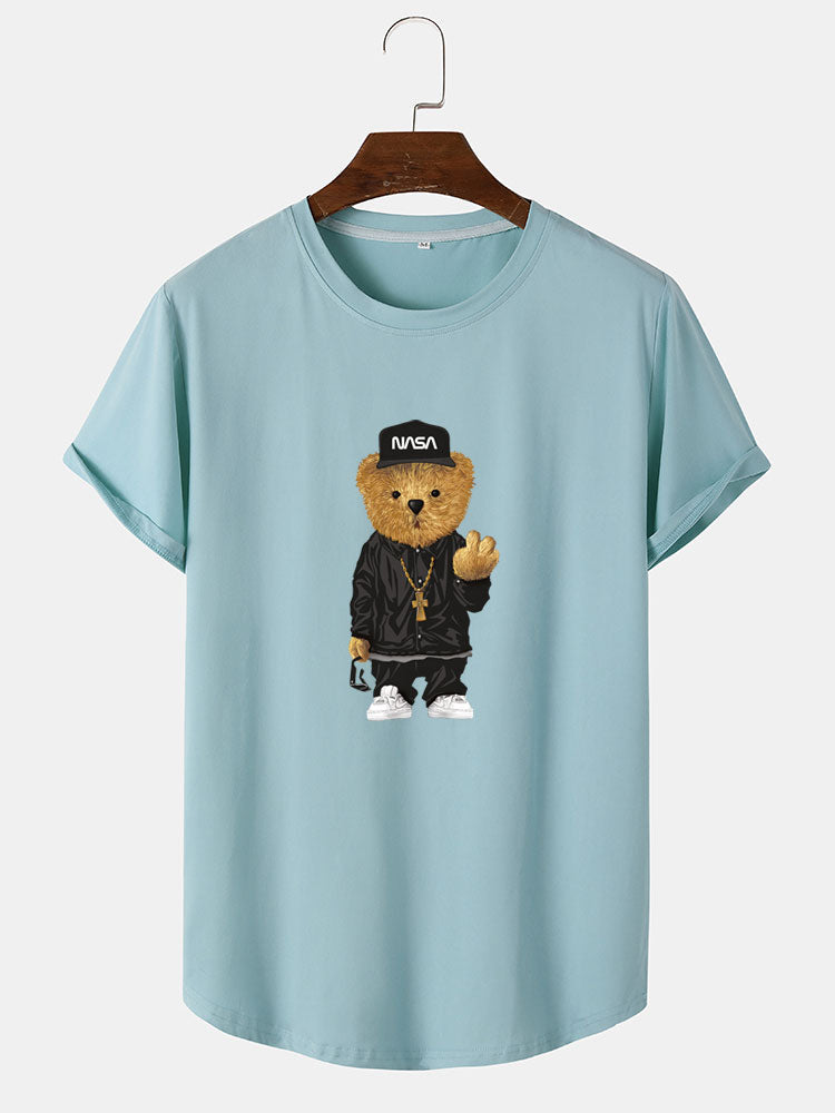 Hip Hop Bear Print Arc Hem T-Shirt