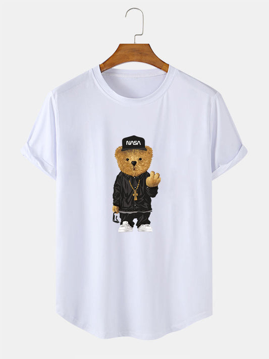 Hip Hop Bear Print Arc Hem T-Shirt