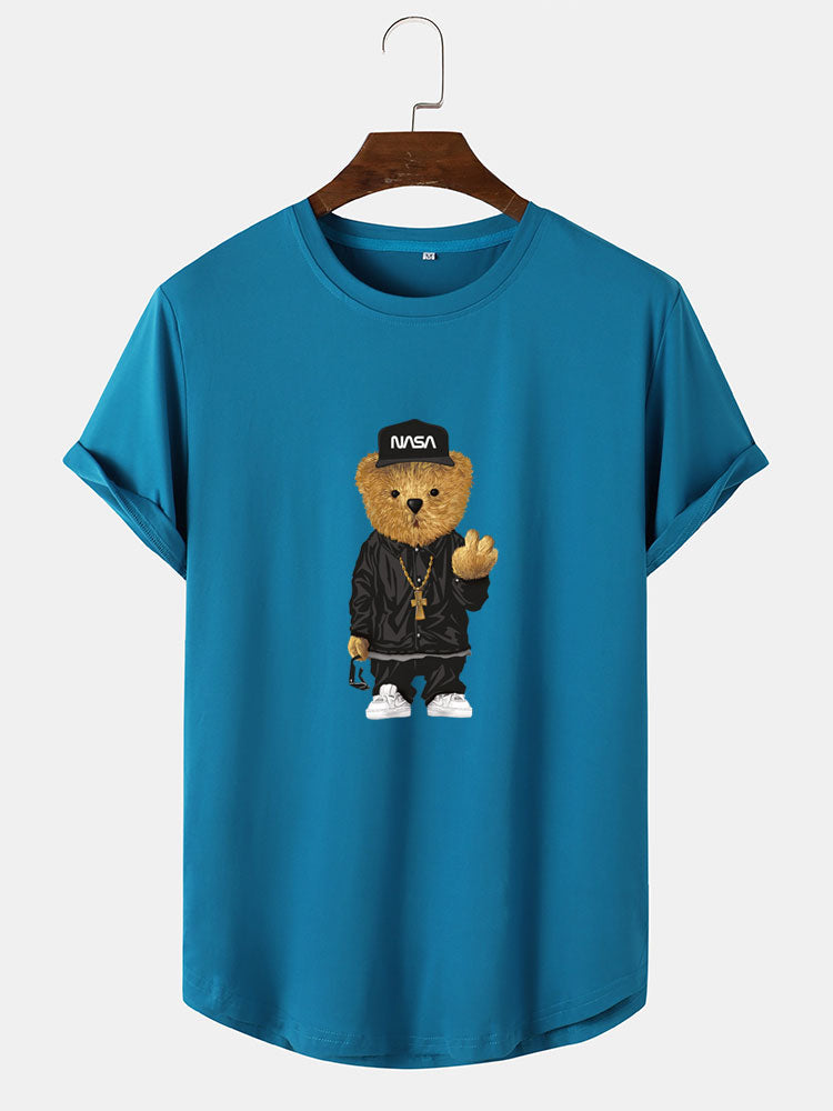 Hip Hop Bear Print Arc Hem T-Shirt