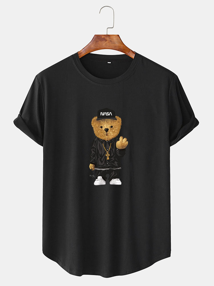 Hip Hop Bear Print Arc Hem T-Shirt