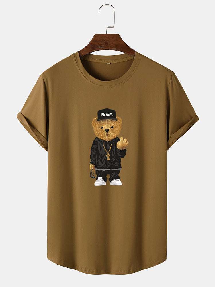 Hip Hop Bear Print Arc Hem T-Shirt