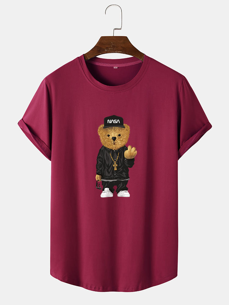 Hip Hop Bear Print Arc Hem T-Shirt