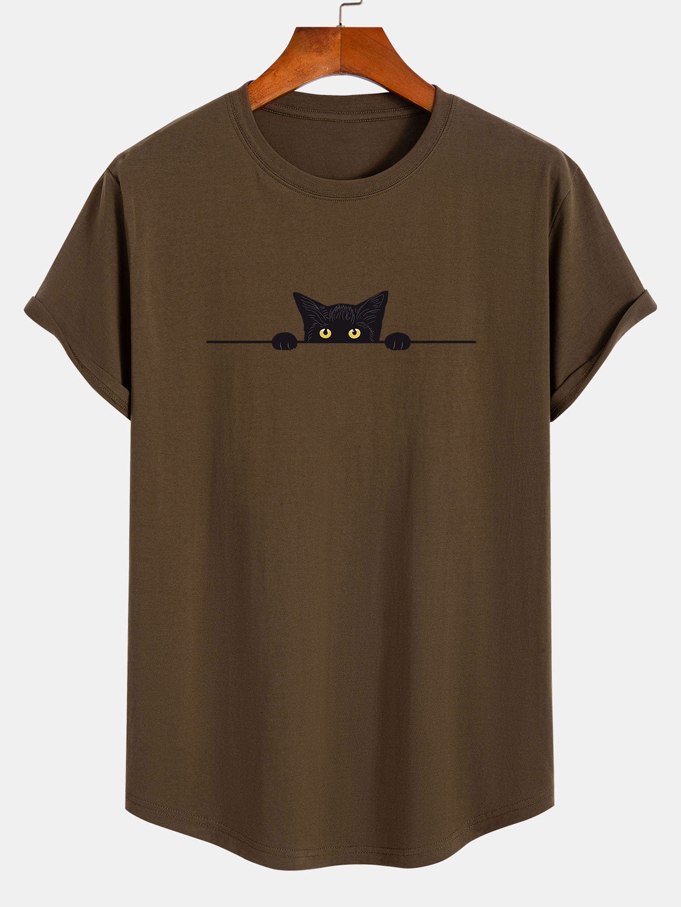 T-shirt noir à ourlet arrondi en coton imprimé chat