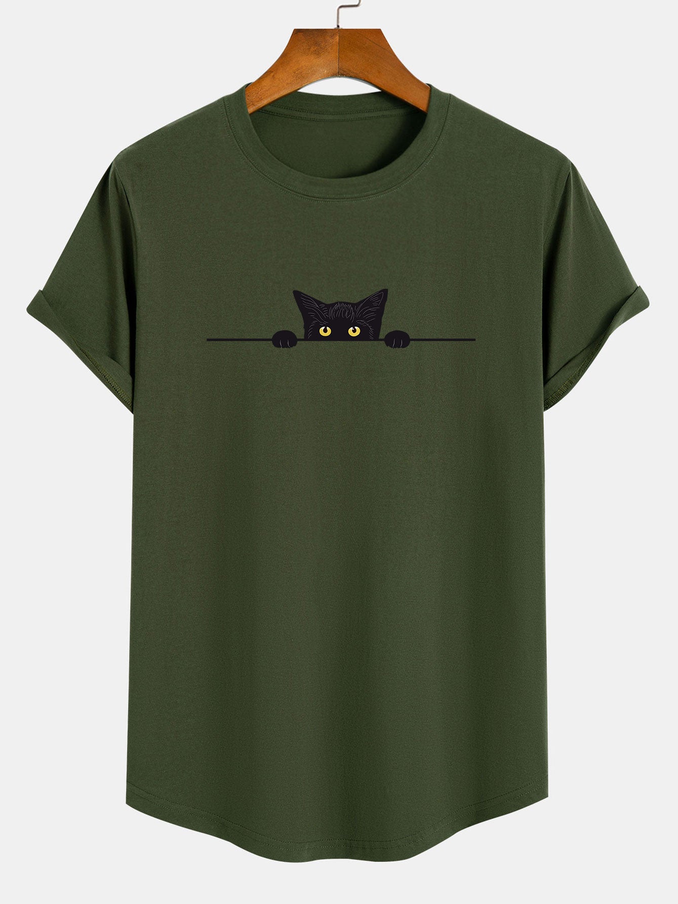 T-shirt noir à ourlet arrondi en coton imprimé chat