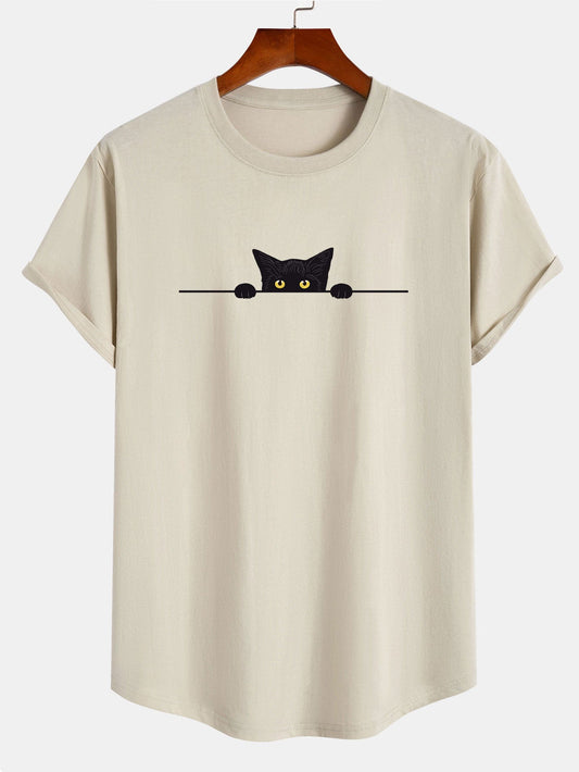 Black Cat Print Cotton Arc Hem T-Shirt