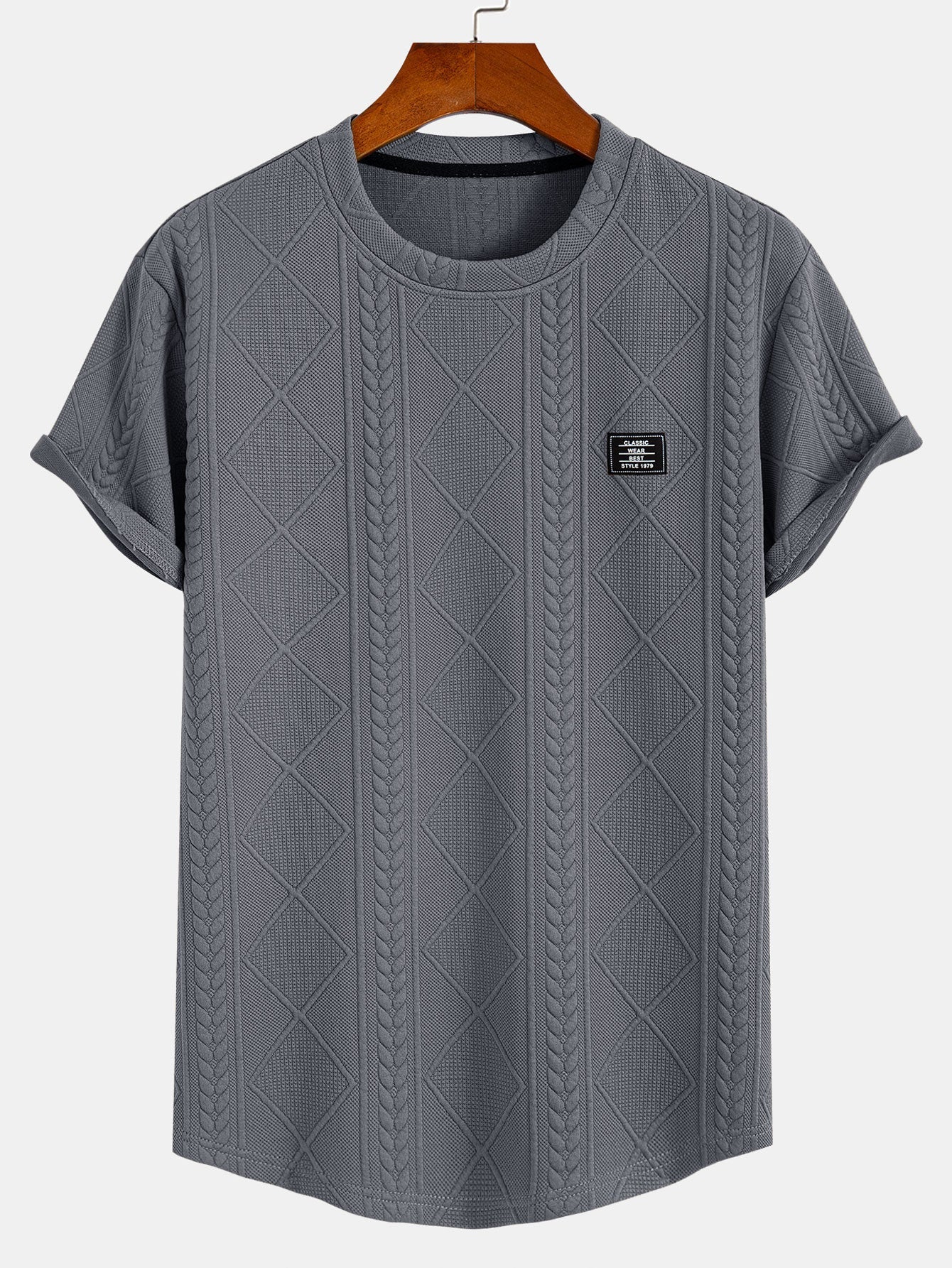 Short Sleeve Geometric Jacquard Arc Hem T-Shirt