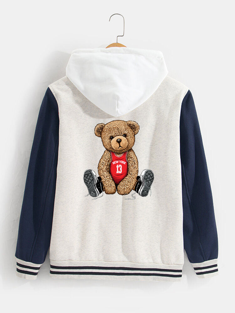 New York Bear Print Baseball Jacket