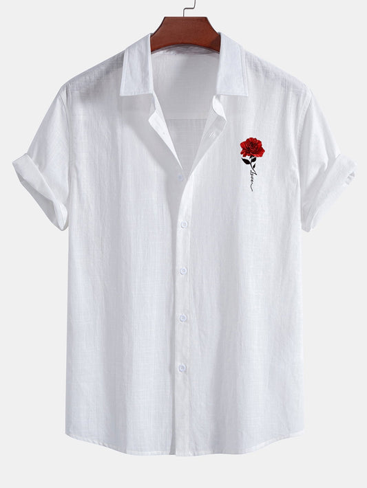 Chemise boutonnée en coton aspect lin imprimé roses rouges