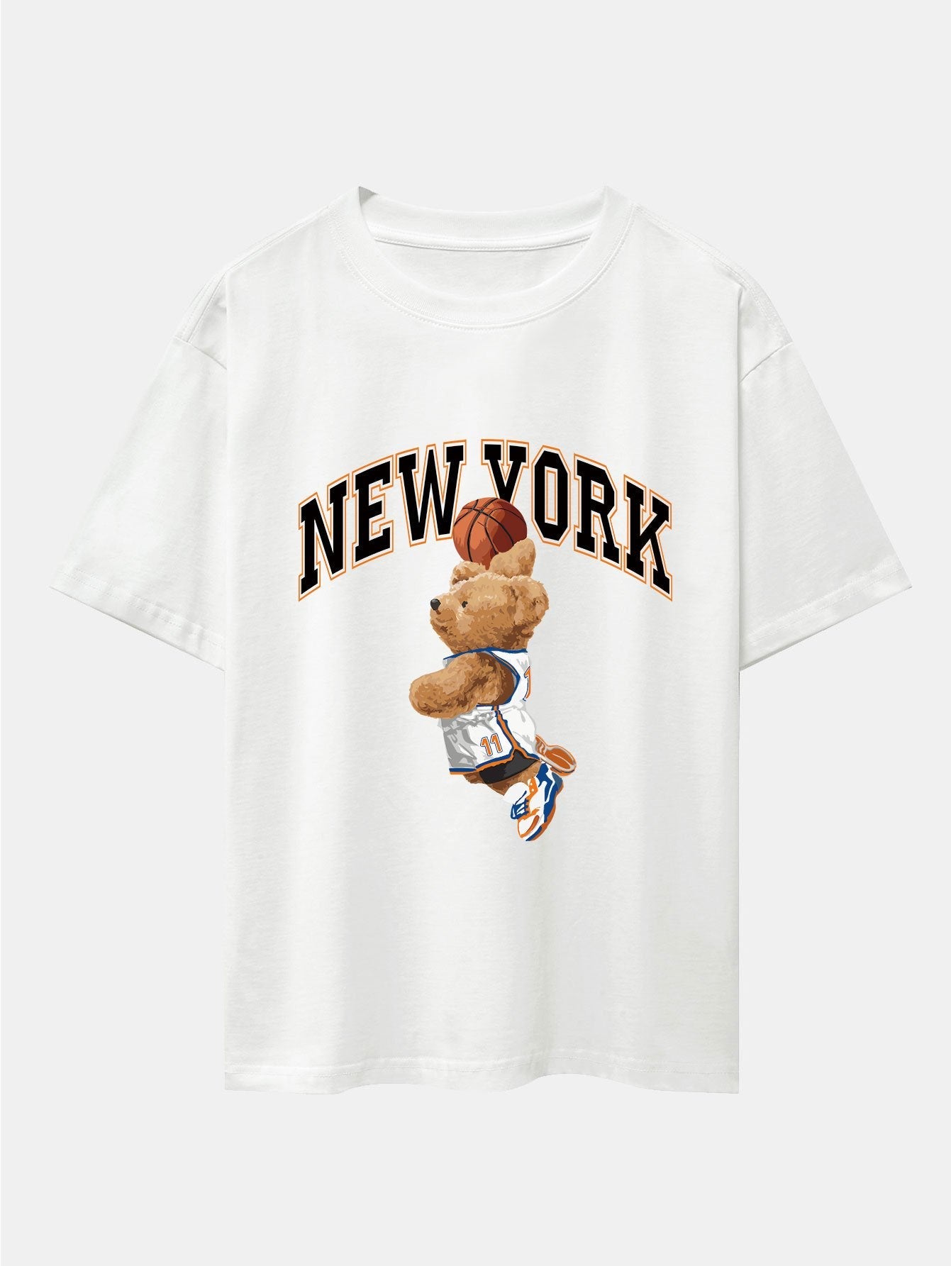 New York Basketball Bear Print Drop Shoulder Oversize T-Shirt