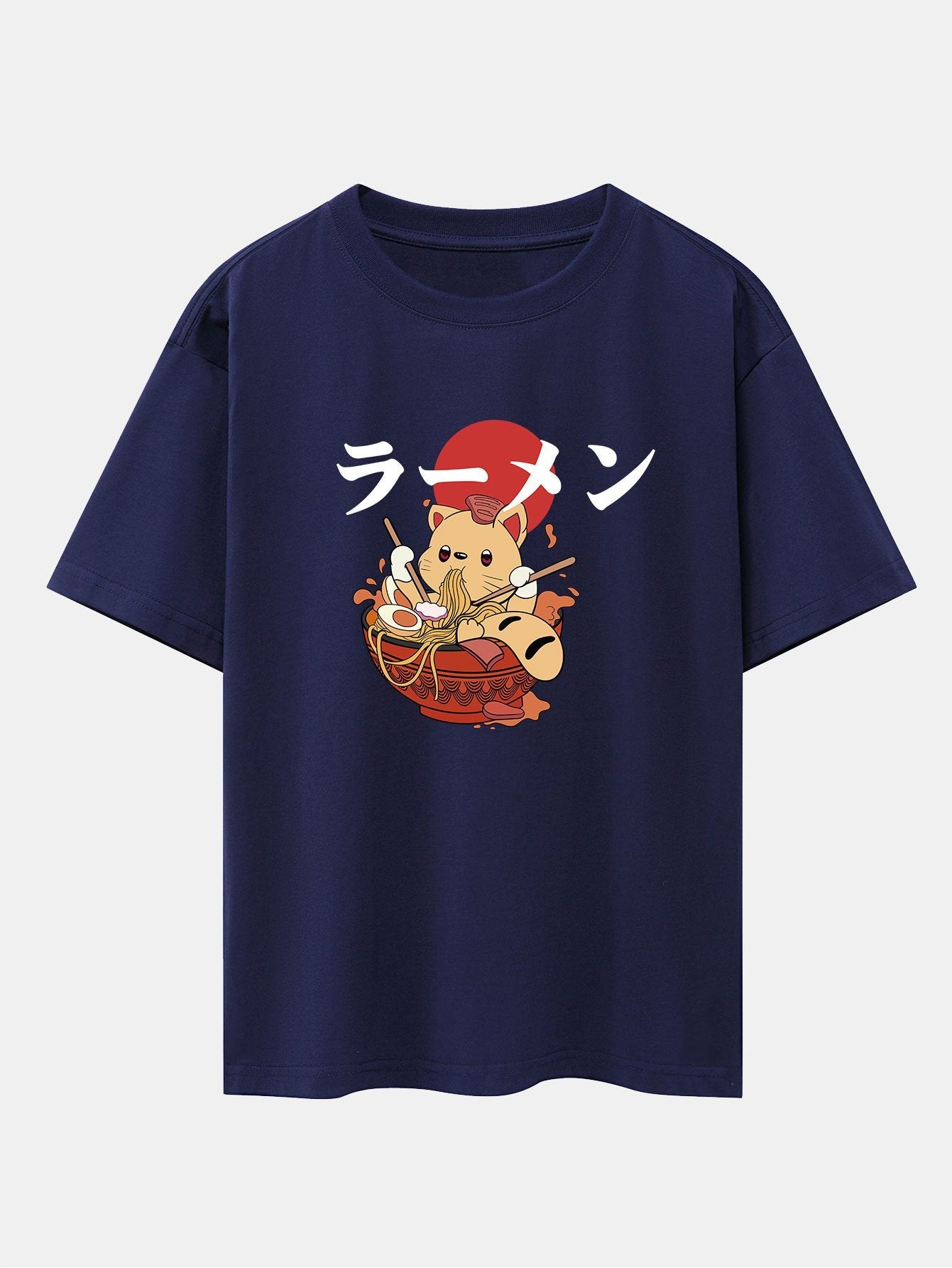 Ramen Cat Print Drop Shoulder Oversize T-Shirt